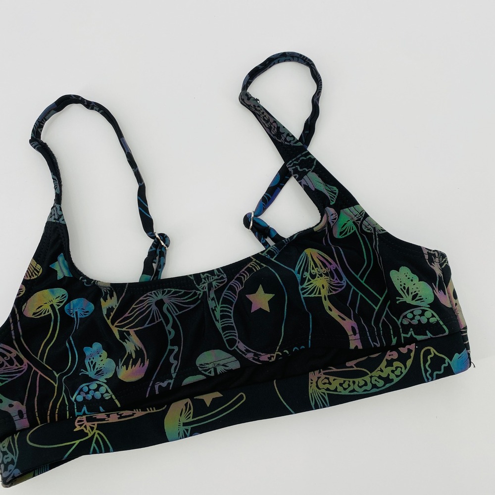 iHeartRaves Bralette Top Womens Small Black Reflective Mushroom Rave Wear